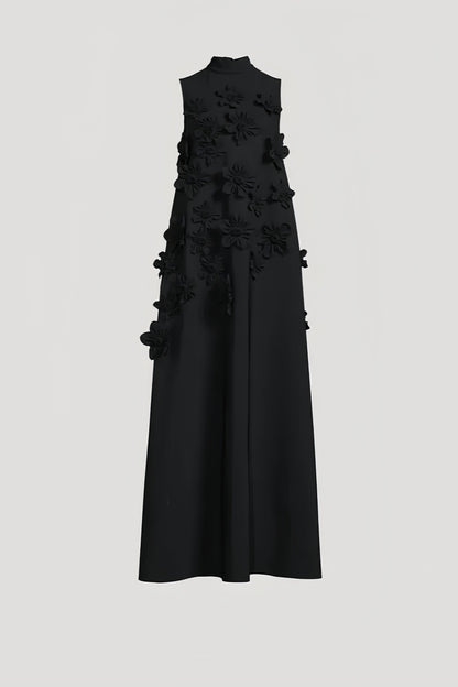 Daphne 3D Floral High Neck Sleeveless Maxi Dress-Black