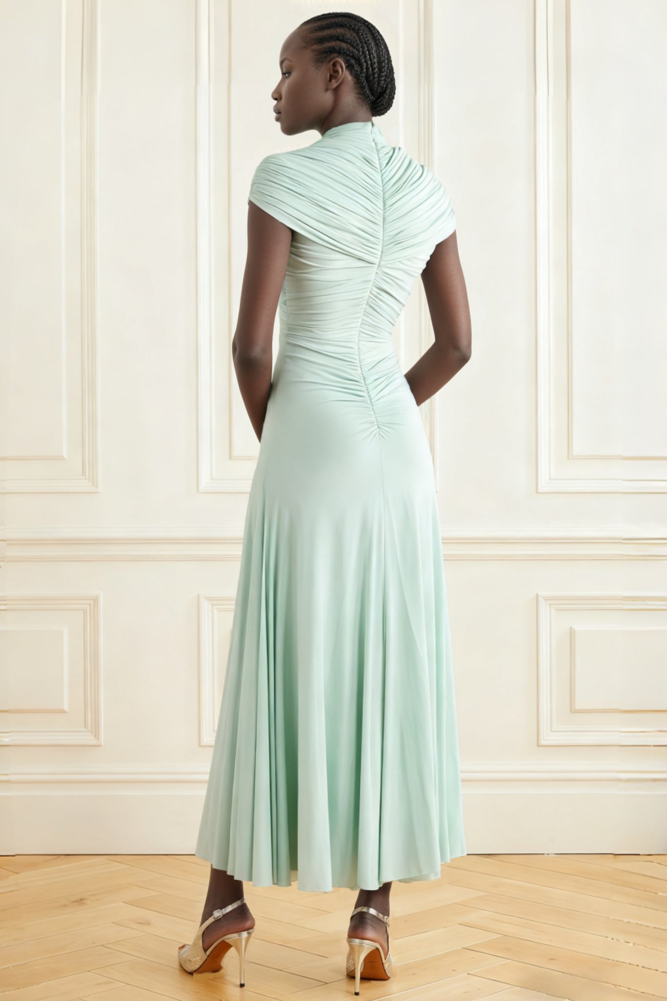 Gini Fitted Half-High Neck Pleated Maxi Dress