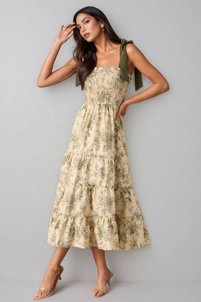 Manua Ivory Green Floral Midi Dress