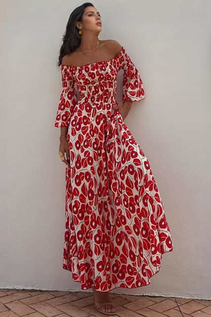 Elerie Floral Print Smocked Off Shoulder Maxi Dress