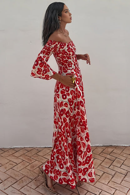 Elerie Floral Print Smocked Off Shoulder Maxi Dress