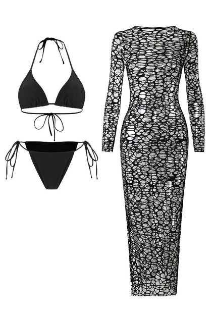 Solid Color Stretch Two-piece Bikini Swimsuit and Hollowed-out Long-sleeved Slim-fit Cover-up Maxi Dress Set