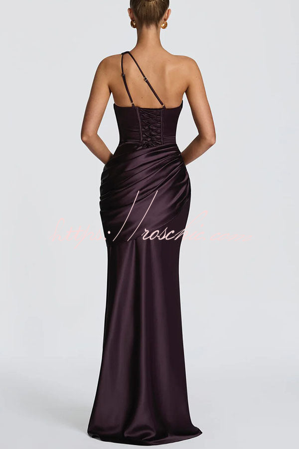 Emina Satin One Shoulder Asymmetrical Neck Cutout Back Lace-up Drape Maxi Dress