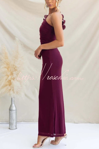 Fashionable Mesh Sleeveless One-shoulder Waist-revealing Maxi Dress