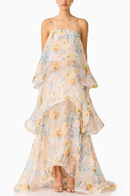 Armani Georgette Fabric Floral Print Tiered Slip Square Neck A-line Maxi Dress