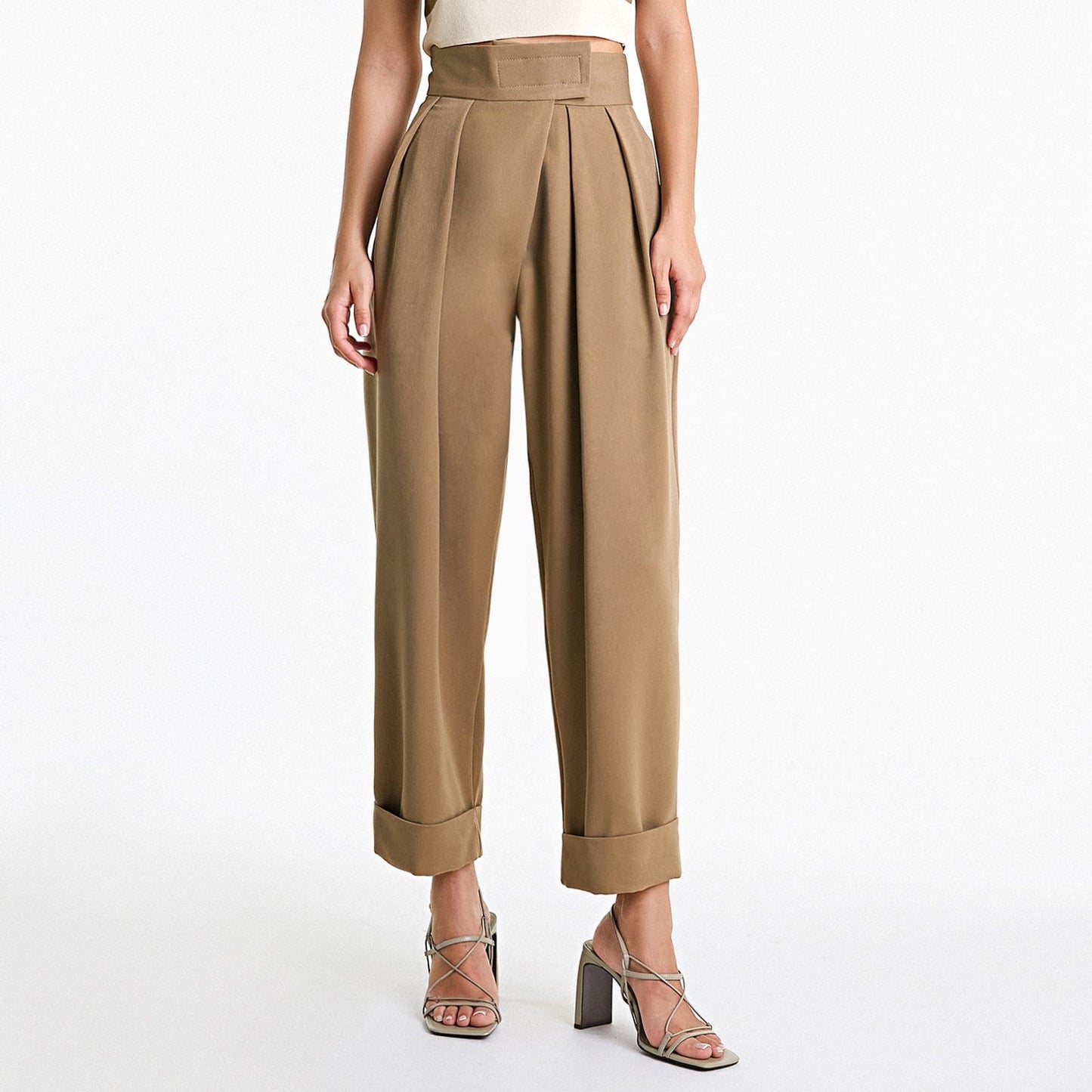Burly Wood Hook And Loop Pleat Front Turn-Up Hem Suit Pants