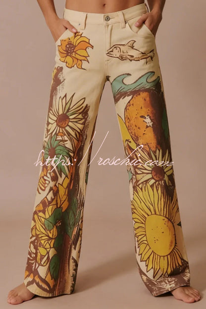 We The Free Playful Doodle Printed Mid Rise Pocket Wide Leg Pant