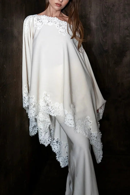 Like A Swan Lace Trim Off Shoulder Cape Top and Elastic Waist Draped Maxi Skirt Set