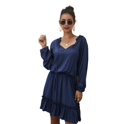 Paros Textured Satin Balloon Sleeve Dress Navy