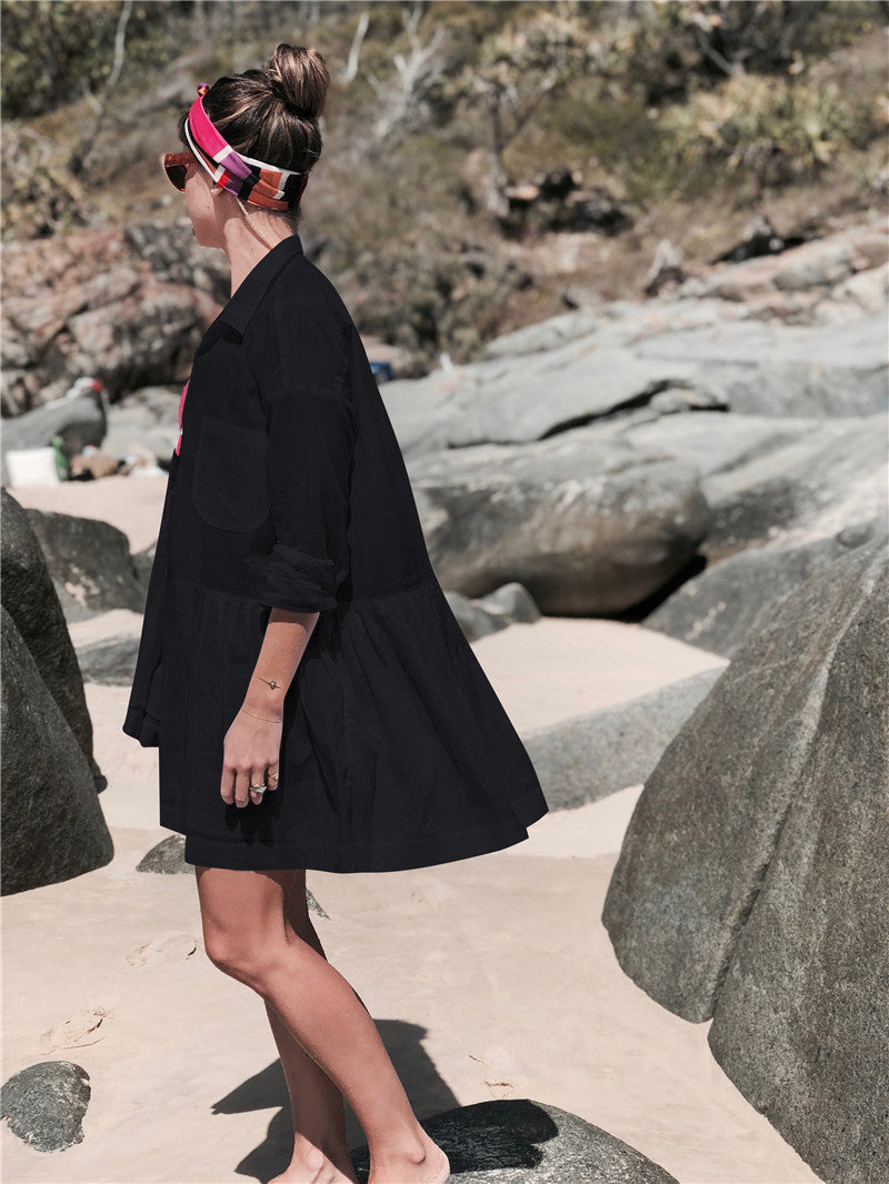 Dodie Cotton Pocketed Puff Sleeve Babydoll Dress Black