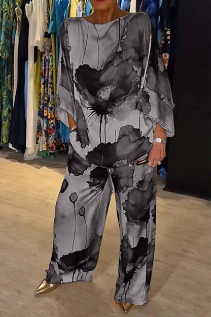 Ink Wash Floral Print Batwing Sleeve Wide Leg Pants Set
