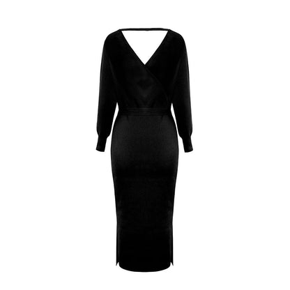 Yara Drape Knit Midi Sweater Dress Black
