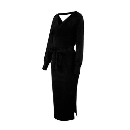 Yara Drape Knit Midi Sweater Dress Black