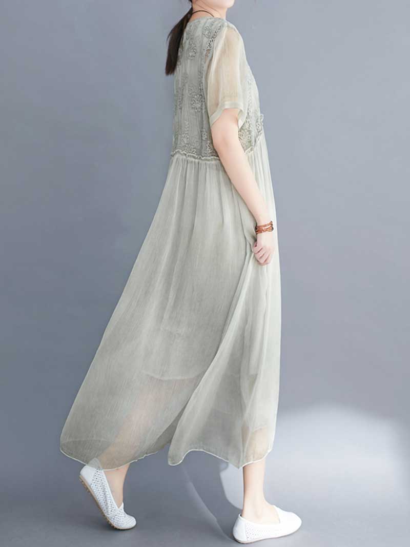 Embroidered Silk Round-Neck A-Line Dress