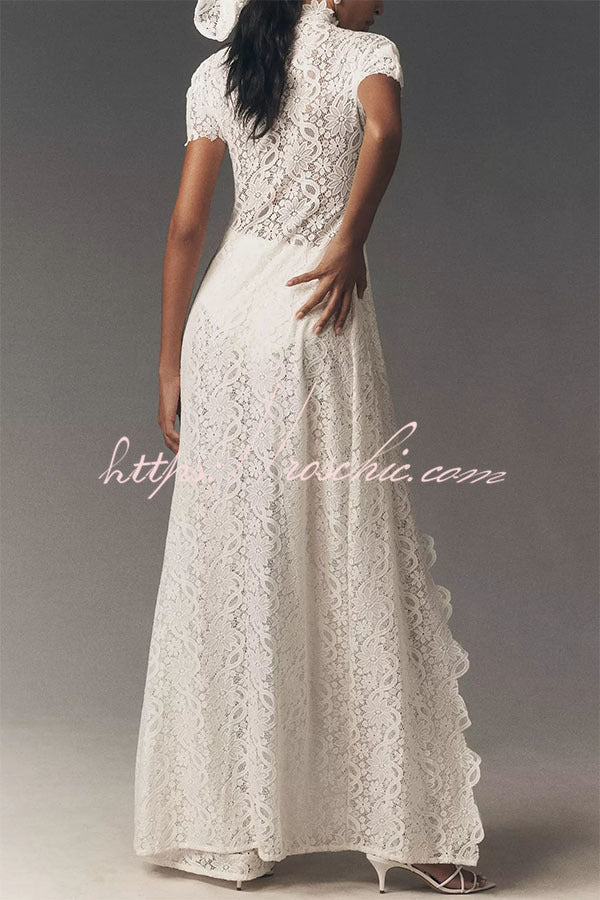Elegance Avant-garde Floral Lace Short Sleeve High Low Top and High Rise Wide Leg Pants Set
