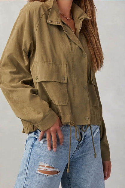 Brushed plaid lapel multi-button two-pocket midi jacket