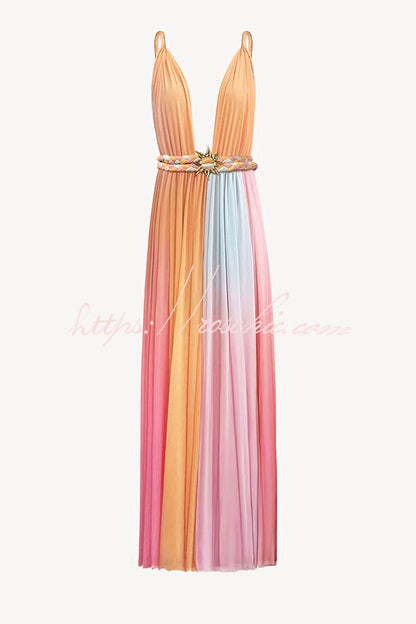 Rainbow Sky Chiffon Ombré Print Metal Decoration Woven Belted Vacation Maxi Dress