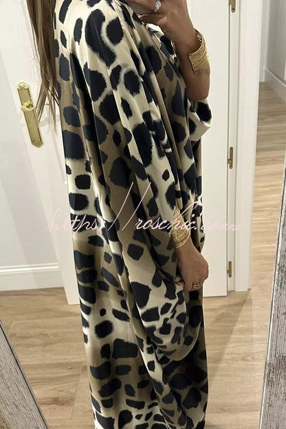 Airy Satin Unique Print V-neck Gemstone Embellished Drape Robe Maxi Dress