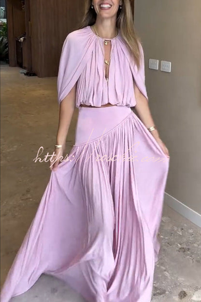 Venus Cutout Neck Slit Sleeve Crop Ruched Top and High Rise Pleated Maxi Skirt Set