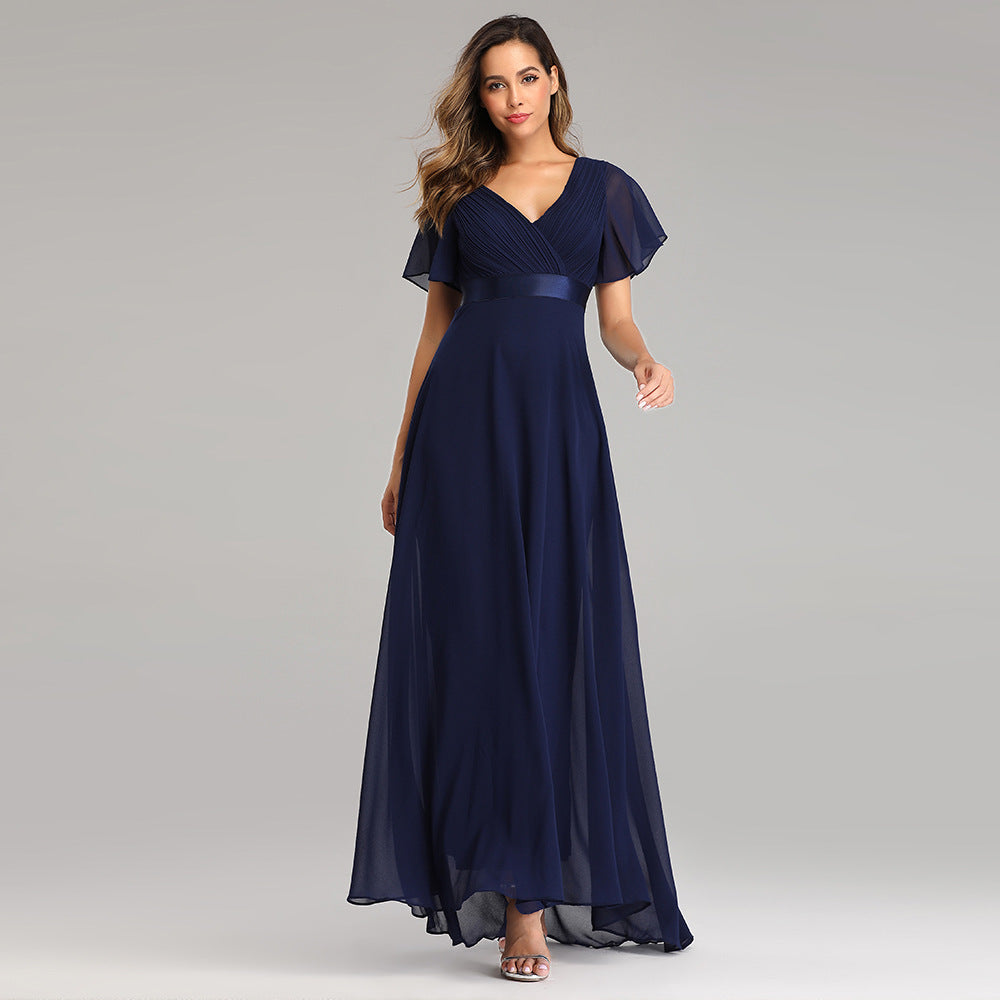 Hand - Folded Large V - neck Dress Chiffon Elastic Banquet Bridesmaid Evening Dress for