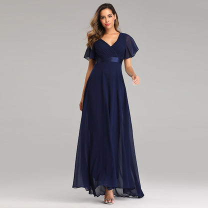 Hand - Folded Large V - neck Dress Chiffon Elastic Banquet Bridesmaid Evening Dress for