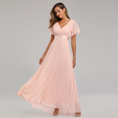 Hand - Folded Large V - neck Dress Chiffon Elastic Banquet Bridesmaid Evening Dress for
