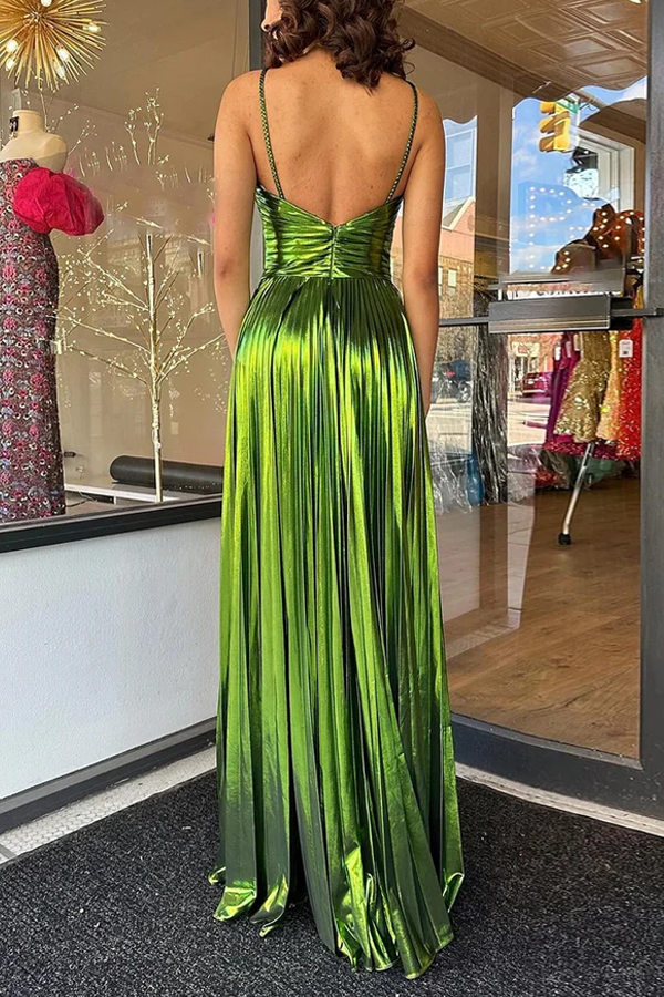 Queen Style Metallic Fabric Cross Neck Cutout Slit Pleated Maxi Dress (Shipped Within 24 Hours)