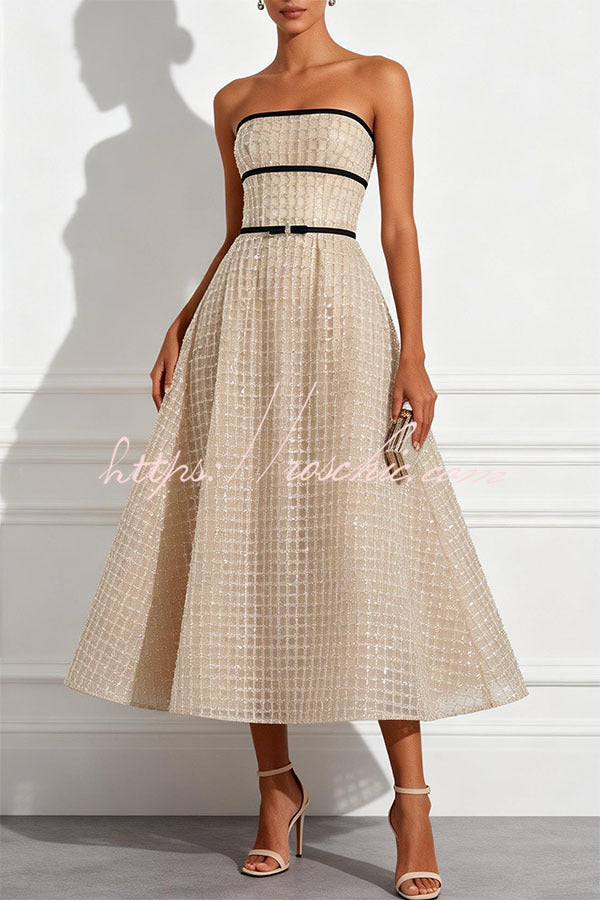 Stardust Plaid and Sequin Bow Patchwork Detail Strapless A-line Midi Dress