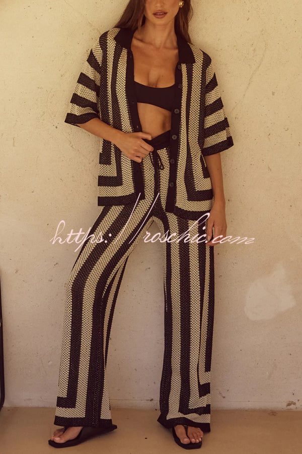 Stylish Knitted Collared Short-Sleeved Button-Up Top and Elastic Waist Casual Pants Cover-Up Set