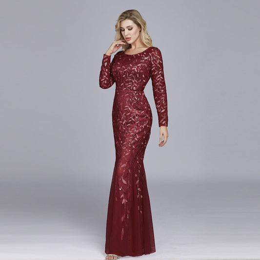 Multi - Color Long Sleeve round Neck Fishtail Banquet Evening Dress for