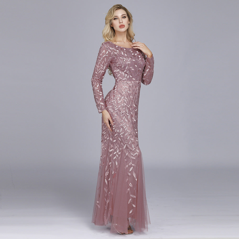 Multi - Color Long Sleeve round Neck Fishtail Banquet Evening Dress for