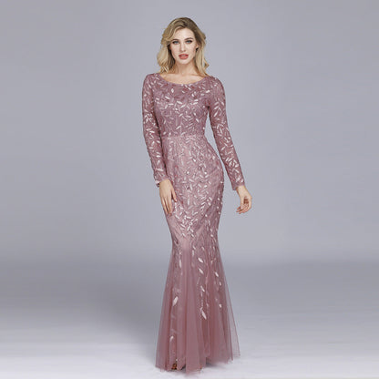Multi - Color Long Sleeve round Neck Fishtail Banquet Evening Dress for
