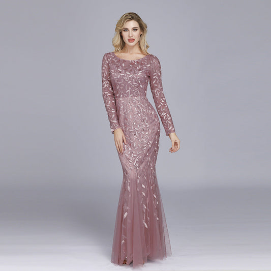 Multi - Color Long Sleeve round Neck Fishtail Banquet Evening Dress for