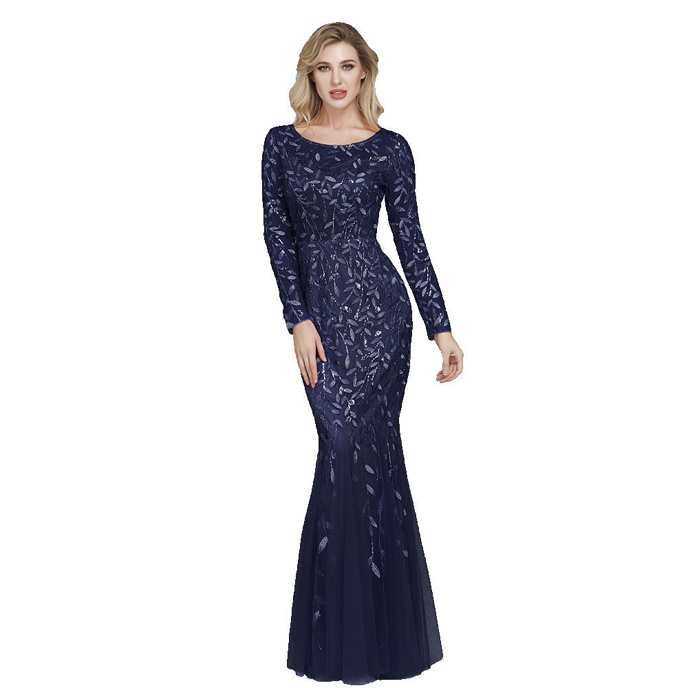 Multi - Color Long Sleeve round Neck Fishtail Banquet Evening Dress for