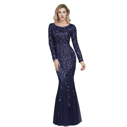 Multi - Color Long Sleeve round Neck Fishtail Banquet Evening Dress for