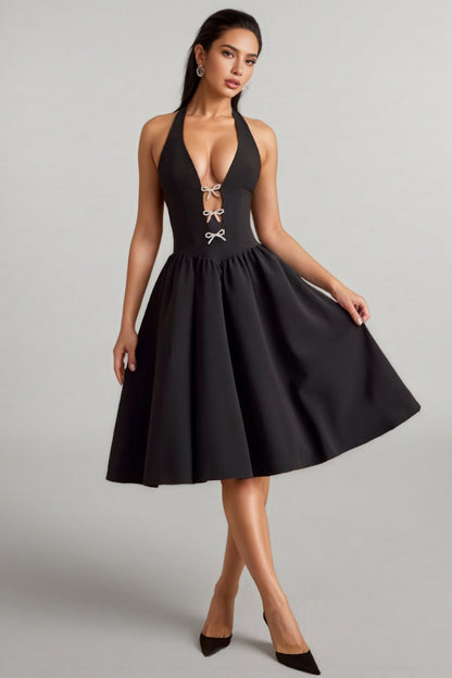 Helsa Black Halterneck Bow-Detail Midi Dress