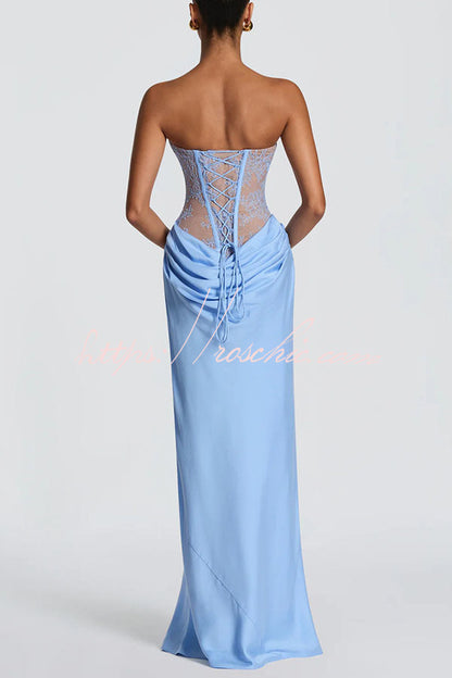 Kathleen Floral Lace Contrast Structural Detail Back Lace-up Satin Hem Strapless Maxi Dress