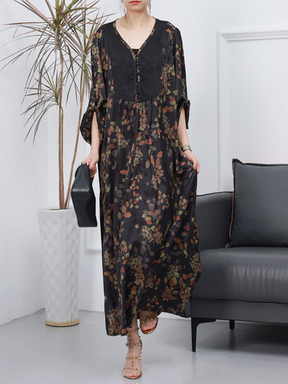 Women Retro Style Loose Printed Long Sleeves A-Line Dress