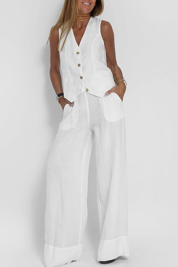 Women Casual Linen Waistcoat Two Set Suits