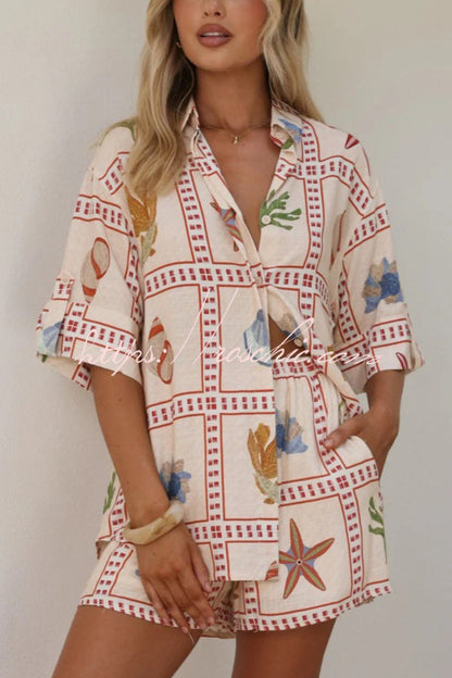 Linen Blend Shell Print Loose Short-sleeved Shirt and Elastic Waist Pocket Casual Shorts Set