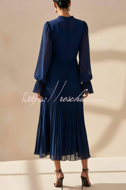 Solid Color Round Neck Long Sleeve Fitted Waist Pleated Ruffle Midi Dress