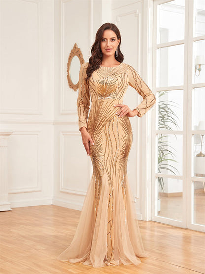 Dress Long Sleeve round Neck Slim Fit Fishtail Bridesmaid Cocktail Evening Dress for Toasting Elegant
