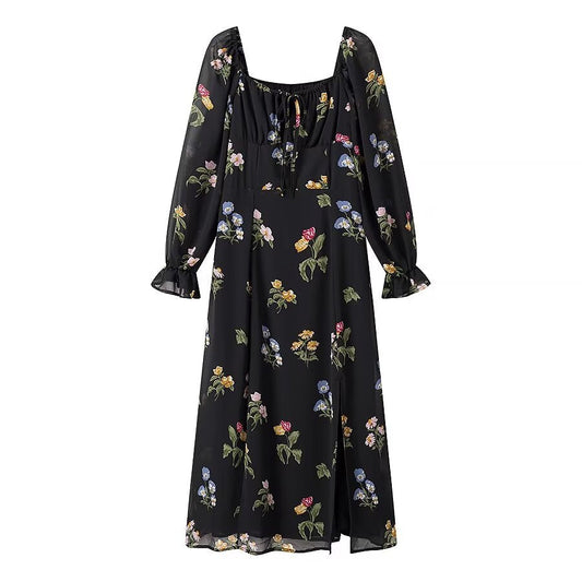Simple Square Collar Long Sleeve Printing Dress