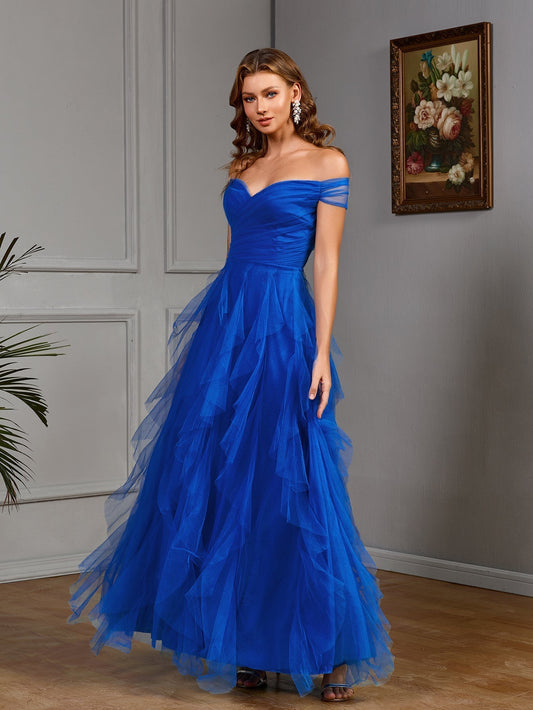 Solid Color off Shoulder Tube Top Mesh Long Elegant Slim Fit Cocktail Evening Dress