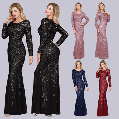 Multi - Color Long Sleeve round Neck Fishtail Banquet Evening Dress for