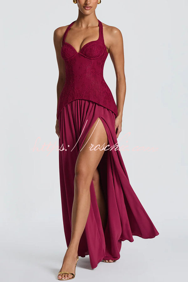 Almira Crepe and Lace Bodice Back Lace-up Chiffon Pleated Hem Maxi Dress