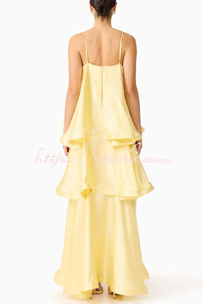 Soft and Smooth Satin Tiered Slip Square Neck A-line Maxi Dress