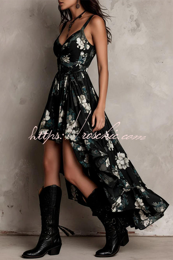 Midnight Wildflower High-Low Ruffle Floral Dress