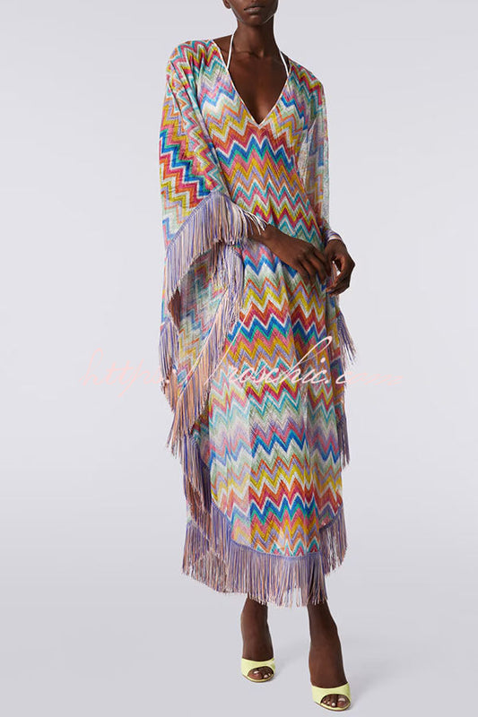Casie Knit Colorful Zigzag Pattern Fringe Trim Cover-up Vacation Maxi Dress