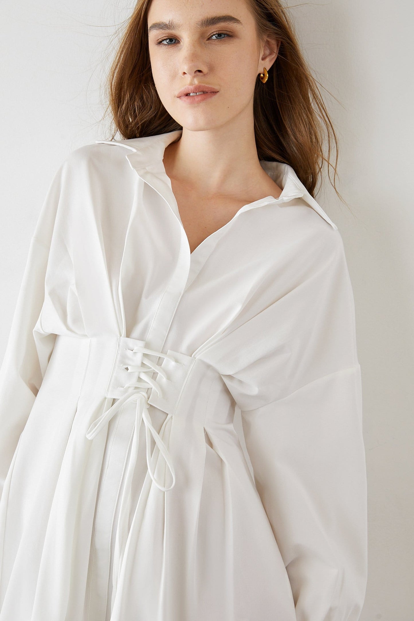 Adalie White Cinched Waist Shirt Dress